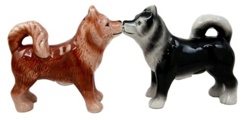 Ebros Gift Ebros Animated Dog Siberian Huskies Salt And Pepper Shakers Ceramic Magnetic Figurine Set 4" L Pedigree Dogs Husky Breed Brown And Black Coat Kissing Collectible Figurines Kitchen Decorations