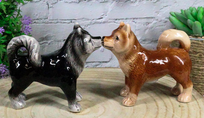 ebros gift Ebros Animated Dog Siberian Huskies Salt and Pepper Shakers Ceramic Magnetic Figurine Set 4" L Pedigree Dogs Husky Breed Brown and Black Coat Kissing Collectible Figurines Kitchen Decorations