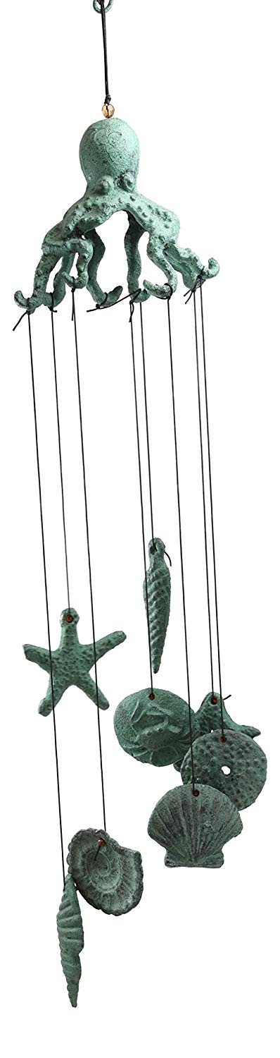 Ebros Gift Ebros Antique Verdigris Finish Cast Iron Nautical Marine Sea Octopus Wind Chime Noisemaker Mobile With Starfish And Seashells Ornaments Davy Jones Kraken Cthulhu Outdoors Pool Patio Garden Decorative