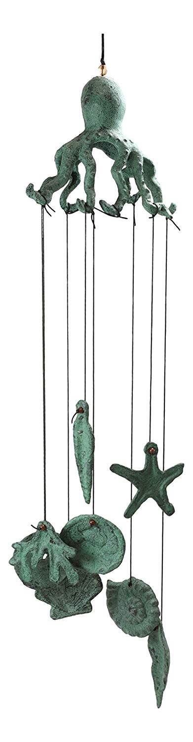 Ebros Gift Ebros Antique Verdigris Finish Cast Iron Nautical Marine Sea Octopus Wind Chime Noisemaker Mobile With Starfish And Seashells Ornaments Davy Jones Kraken Cthulhu Outdoors Pool Patio Garden Decorative