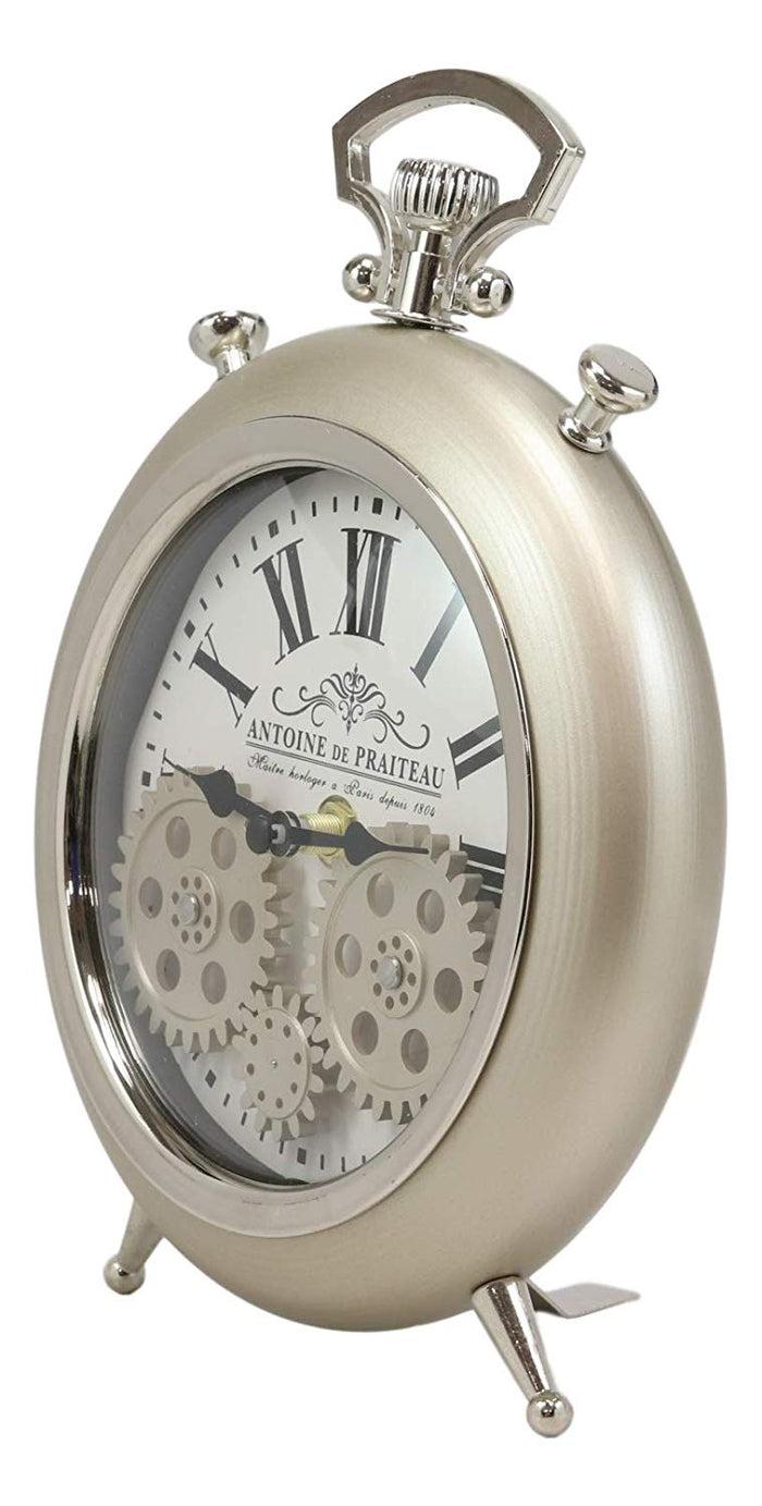 Ebros Gift Ebros Antoine De Praiteau Steampunk Mechanical Moving Gears Old Fashioned European Vintage Pocket Watch Style Table Clock Victorian Industrial Accent Clockwork Clocks (Brushed Silver Champagne)