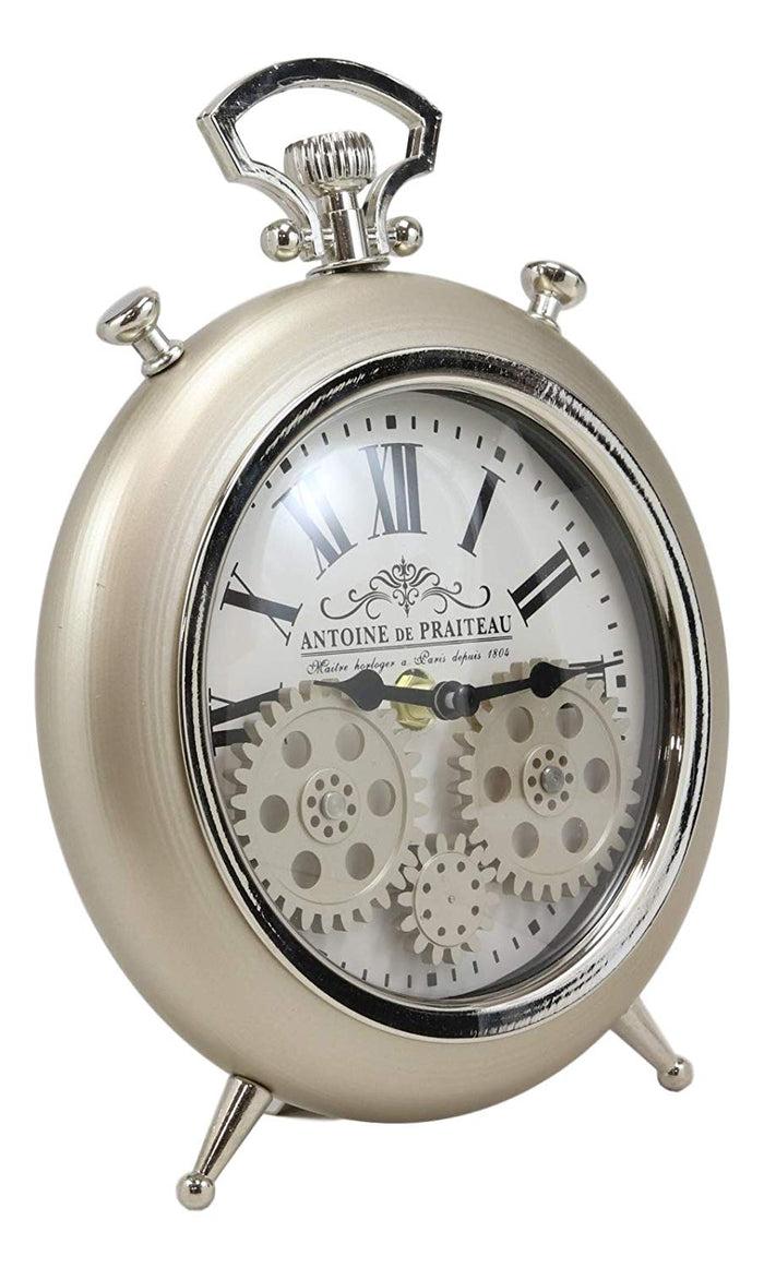 Ebros Gift Ebros Antoine De Praiteau Steampunk Mechanical Moving Gears Old Fashioned European Vintage Pocket Watch Style Table Clock Victorian Industrial Accent Clockwork Clocks (Brushed Silver Champagne)