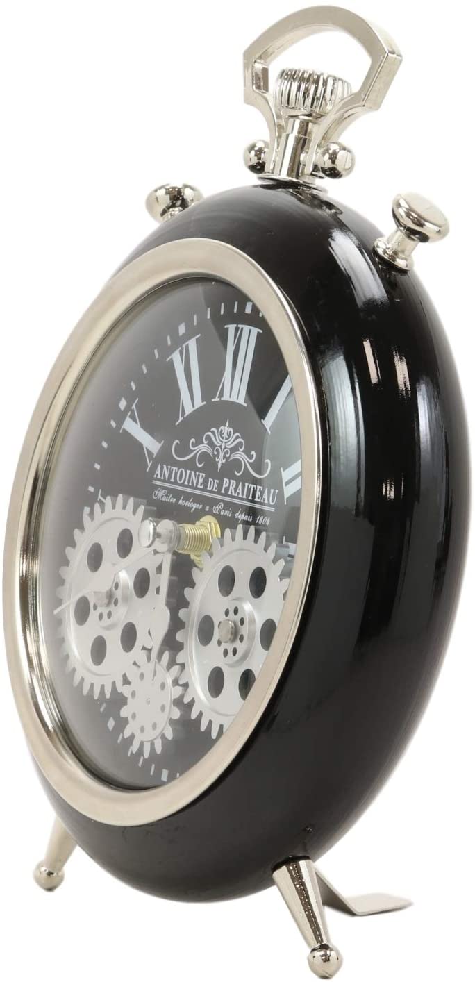 Ebros Gift Ebros Antoine De Praiteau Steampunk Mechanical Moving Gears Old Fashioned European Vintage Style Table Clock Victorian Industrial Accent Fantasy Metal Clockwork Gearwork Clocks (Shiny Black)