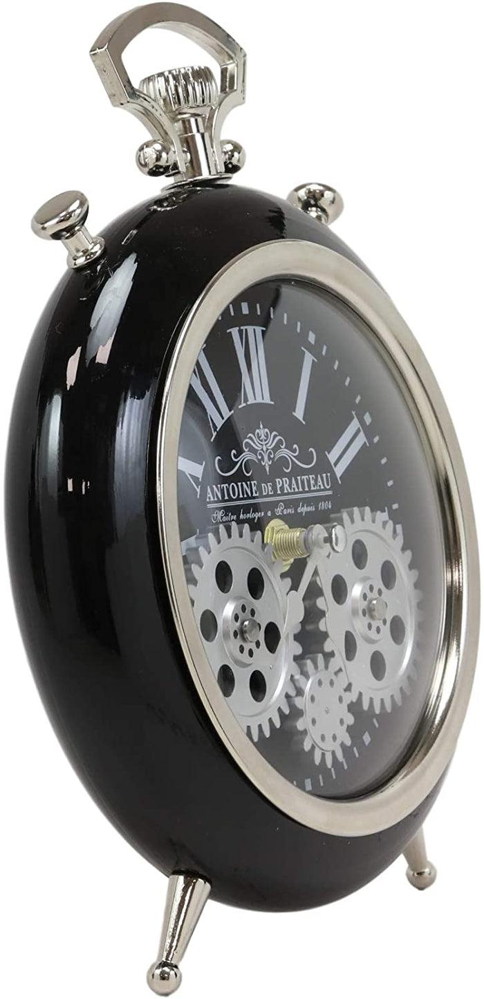 Ebros Gift Ebros Antoine De Praiteau Steampunk Mechanical Moving Gears Old Fashioned European Vintage Style Table Clock Victorian Industrial Accent Fantasy Metal Clockwork Gearwork Clocks (Shiny Black)