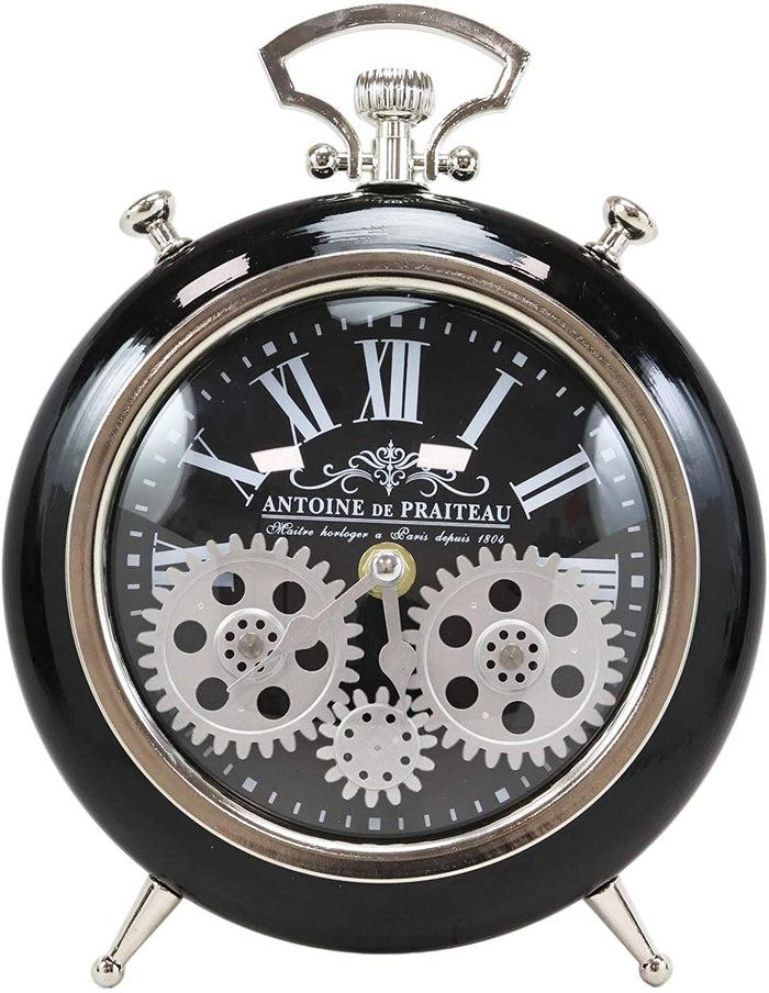 ebros gift Ebros Antoine De Praiteau Steampunk Mechanical Moving Gears Old Fashioned European Vintage Style Table Clock Victorian Industrial Accent Fantasy Metal Clockwork Gearwork Clocks (Shiny Black)
