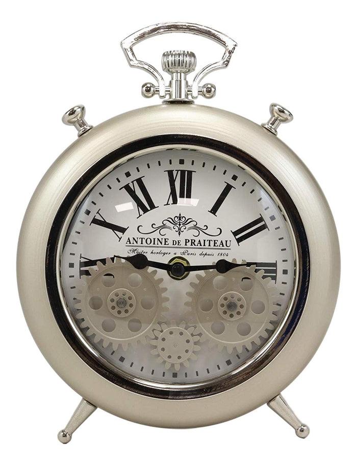 ebros gift Ebros Antoine De Praiteau Steampunk Mechanical Moving Gears Old Fashioned European Vintage Pocket Watch Style Table Clock Victorian Industrial Accent Clockwork Clocks (Brushed Silver Champagne)