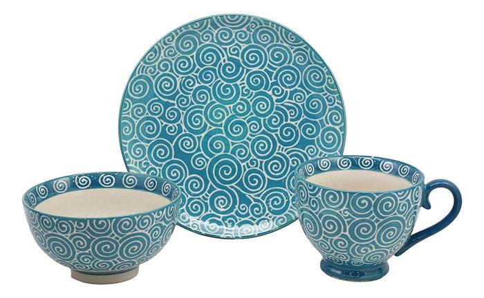 Ebros Gift Ebros Aqua Blue Swirls Contemporary Designer Ceramic Dinnerware Bowl Mug Plate Set