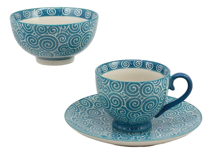 Ebros Gift Ebros Aqua Blue Swirls Contemporary Designer Ceramic Dinnerware Bowl Mug Plate Set