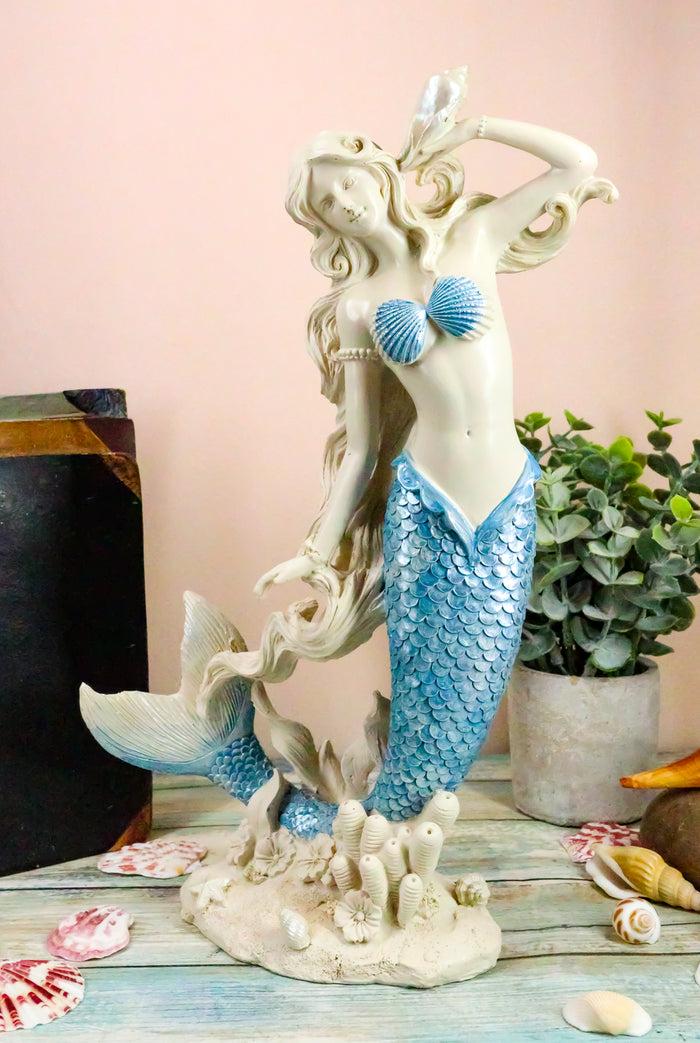 ebros gift Ebros Aqua Blue Tailed Mermaid Listening To Sconce Figurine 12"H Ocean Goddess