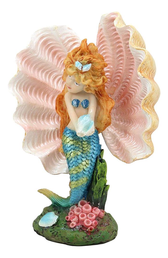 Ebros Gift Ebros Aquamarine Mermaid Mergirl Holding Blue Sconce By Giant Pearl Shell Statue 7"H