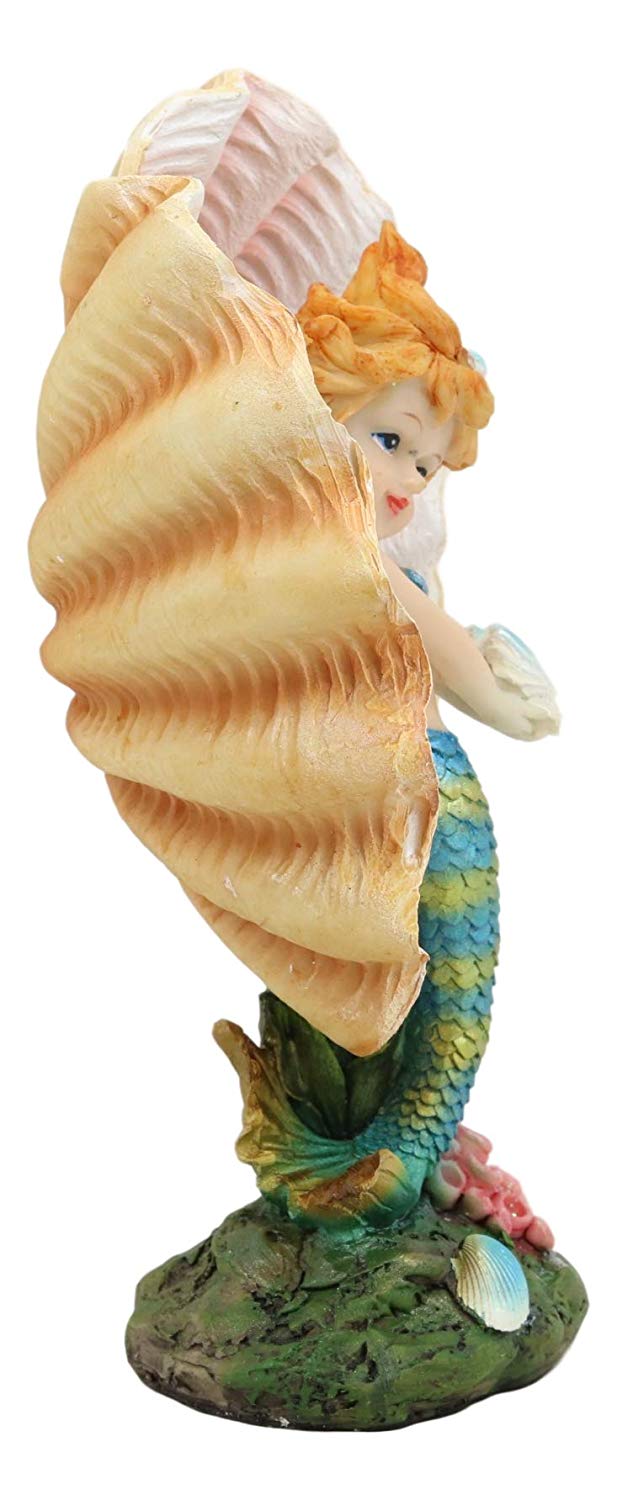 Ebros Gift Ebros Aquamarine Mermaid Mergirl Holding Blue Sconce By Giant Pearl Shell Statue 7"H