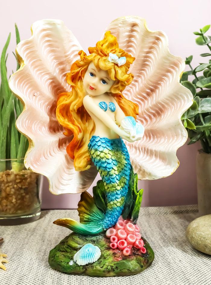 ebros gift Ebros Aquamarine Mermaid Mergirl Holding Blue Sconce By Giant Pearl Shell Statue 7"H