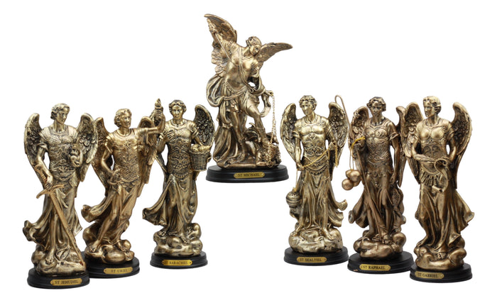 ebros gift Ebros Archangel Statue 8" Tall with Brass Name Plate Wooden Base (Set of 7)
