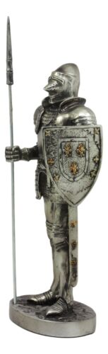 Ebros Gift Ebros Armored Guard Halberdier Knight With Pole Spear And Shield Statue Electroplated Silver Resin Suit Of Armor Pikeman Medieval Renaissance Decor Figurine
