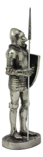 Ebros Gift Ebros Armored Guard Halberdier Knight With Pole Spear And Shield Statue Electroplated Silver Resin Suit Of Armor Pikeman Medieval Renaissance Decor Figurine