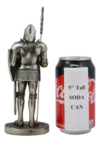 Ebros Gift Ebros Armored Guard Halberdier Knight With Pole Spear And Shield Statue Electroplated Silver Resin Suit Of Armor Pikeman Medieval Renaissance Decor Figurine