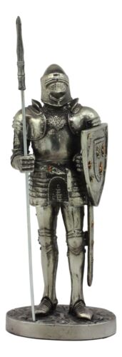ebros gift Ebros Armored Guard Halberdier Knight with Pole Spear and Shield Statue Electroplated Silver Resin Suit of Armor Pikeman Medieval Renaissance Decor Figurine