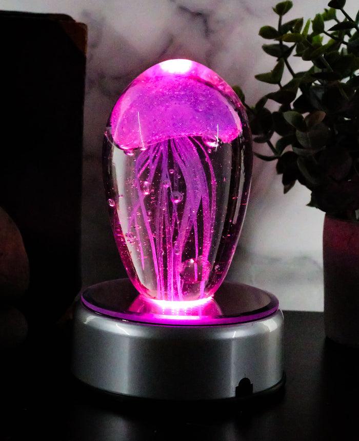 Ebros Gift Ebros Art Glass Glow In The Dark Translucent Jellyfish & LED Base (Light Blue)