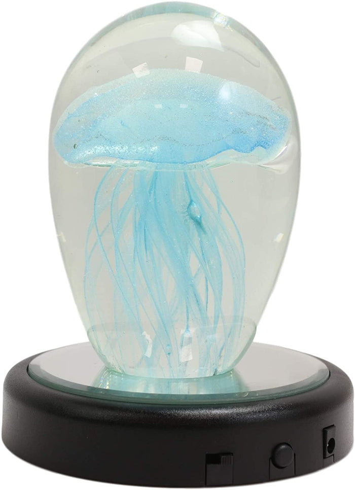 Ebros Gift Ebros Art Glass Glow In The Dark Translucent Jellyfish & LED Base (Light Blue)