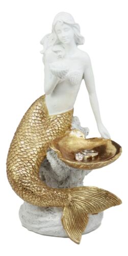 Ebros Gift Ebros Art Nouveau Golden Mermaid Holding Sea Shell Candle Or Jewelry Holder Decor Figurine 10.25" Tall