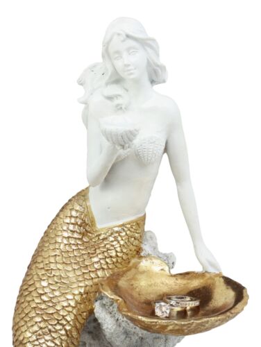 Ebros Gift Ebros Art Nouveau Golden Mermaid Holding Sea Shell Candle Or Jewelry Holder Decor Figurine 10.25" Tall