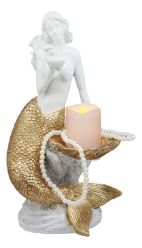 ebros gift Ebros Art Nouveau Golden Mermaid Holding Sea Shell Candle Or Jewelry Holder Decor Figurine 10.25" Tall