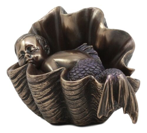Ebros Gift Ebros Atlantis Prince Baby Merboy Sleeping In Giant Oyster Shell Statue 4.25" L Art Nouveau Nautical Mermaid Decorative Figurine