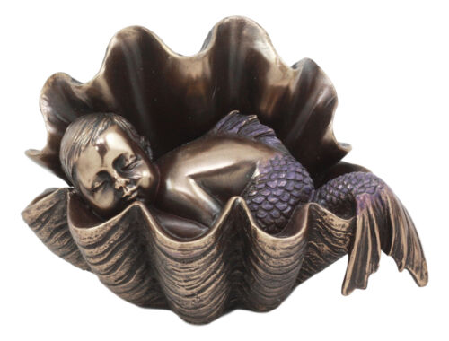ebros gift Ebros Atlantis Prince Baby Merboy Sleeping in Giant Oyster Shell Statue 4.25" L Art Nouveau Nautical Mermaid Decorative Figurine