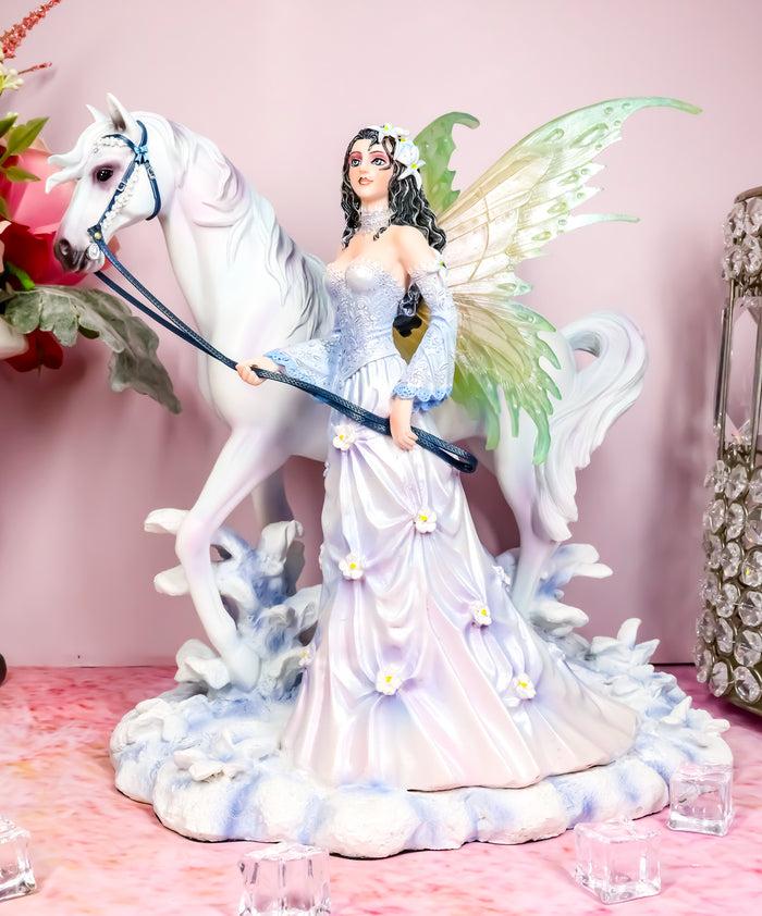 ebros gift Ebros Aurora Borealis Winter Fairy with Sacred White Horse Statue 10" Long by Nene Thomas Decorative Mythical Fantasy Figurine Collectible