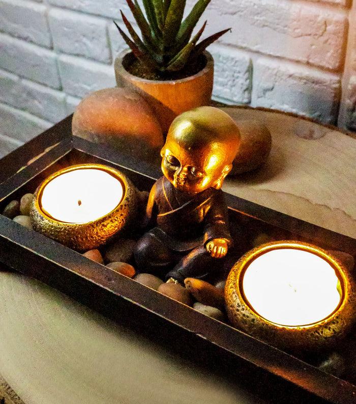 ebros gift Ebros Baby Buddha Monk Twin Tea Light Votive Candle Holder Zen Garden Rocks Figurine