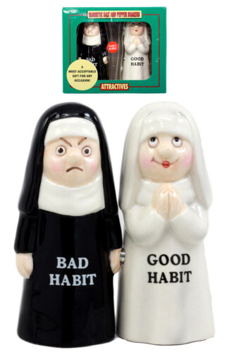 Ebros Gift Ebros Bad And Good Habits Nun Pair Salt & Pepper Shakers Ceramic Magnetic Set