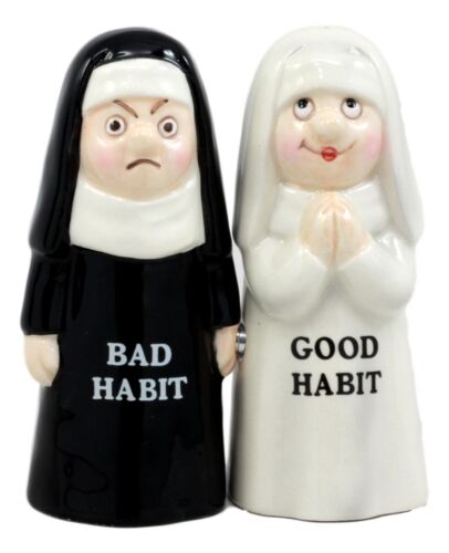 Ebros Gift Ebros Bad And Good Habits Nun Pair Salt & Pepper Shakers Ceramic Magnetic Set