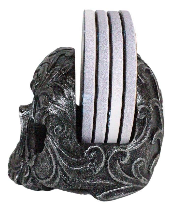 Ebros Gift Ebros Barocco Tribal Tooled Gothic Skull Coaster Figurine Holder With 4 Tile Coasters