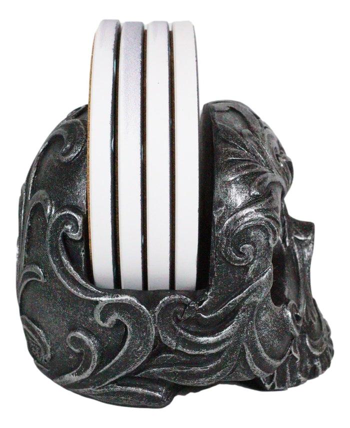 Ebros Gift Ebros Barocco Tribal Tooled Gothic Skull Coaster Figurine Holder With 4 Tile Coasters