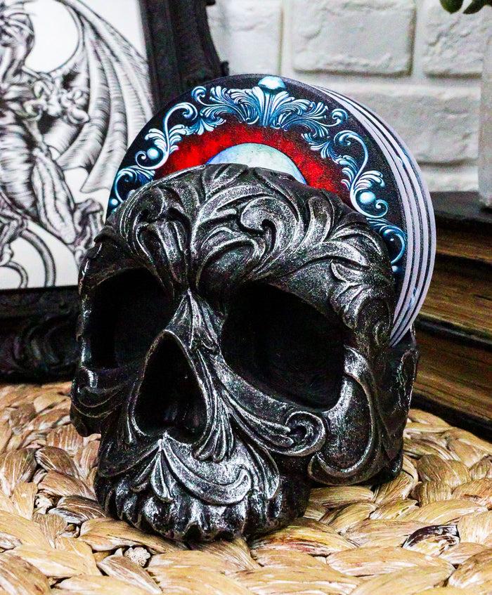 ebros gift Ebros Barocco Tribal Tooled Gothic Skull Coaster Figurine Holder With 4 Tile Coasters