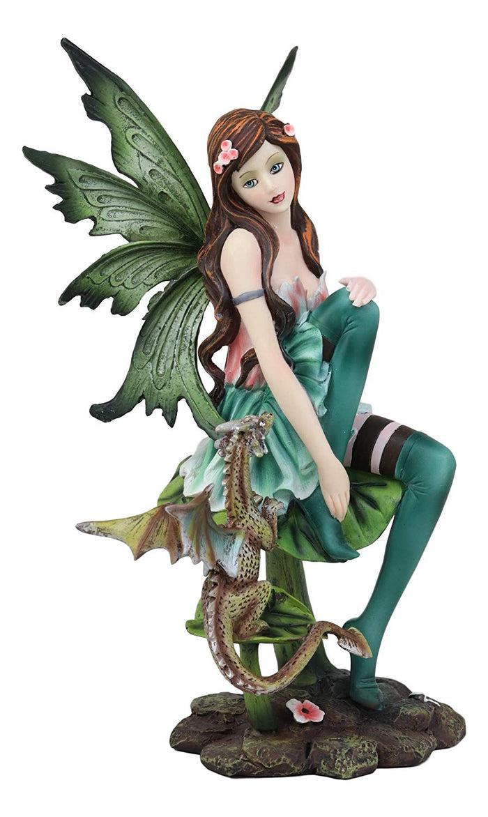 Ebros Gift Ebros Beautiful Gaia Pixie Fairy With Green Wyrmling Dragon Statue 9.5"Tall Mythical Fantasy Fae Lady Of Summer Forest Magic Figurine Collectible Medieval Fairies Decor