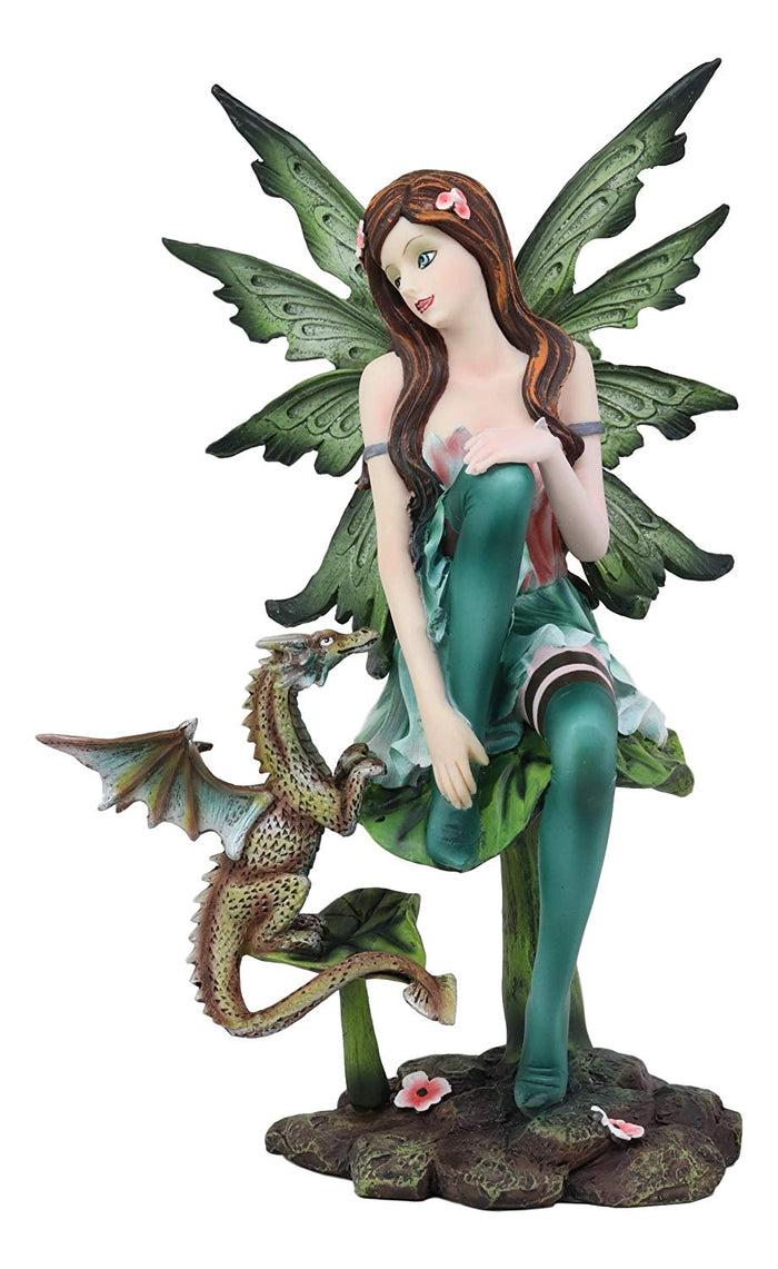 Ebros Gift Ebros Beautiful Gaia Pixie Fairy With Green Wyrmling Dragon Statue 9.5"Tall Mythical Fantasy Fae Lady Of Summer Forest Magic Figurine Collectible Medieval Fairies Decor