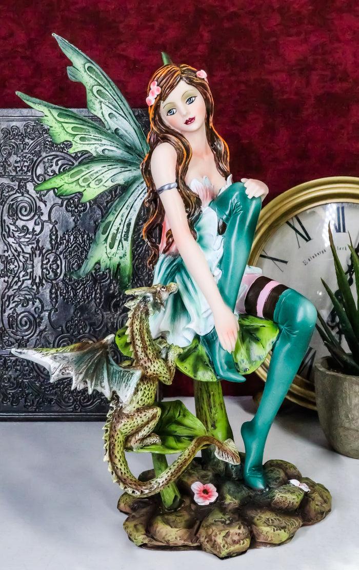 ebros gift Ebros Beautiful Gaia Pixie Fairy With Green Wyrmling Dragon Statue 9.5"Tall Mythical Fantasy Fae Lady Of Summer Forest Magic Figurine Collectible Medieval Fairies Decor