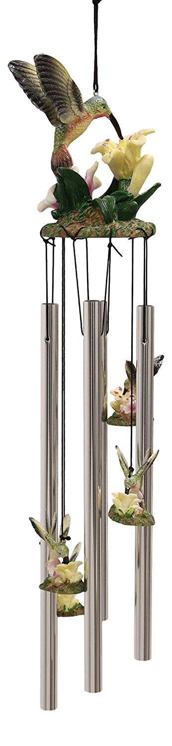 Ebros Gift Ebros Beautiful Hummingbird With Nectarine Lily Flowers Wind Chime 21" Long Resin Crown With Aluminum Rods Wind Chime Home Patio Garden Decor Of Hummingbirds Wildlife Nature Scenery Noisemakers