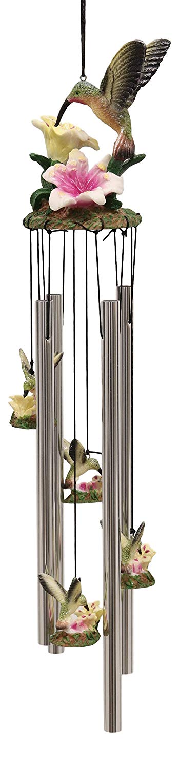 Ebros Gift Ebros Beautiful Hummingbird With Nectarine Lily Flowers Wind Chime 21" Long Resin Crown With Aluminum Rods Wind Chime Home Patio Garden Decor Of Hummingbirds Wildlife Nature Scenery Noisemakers