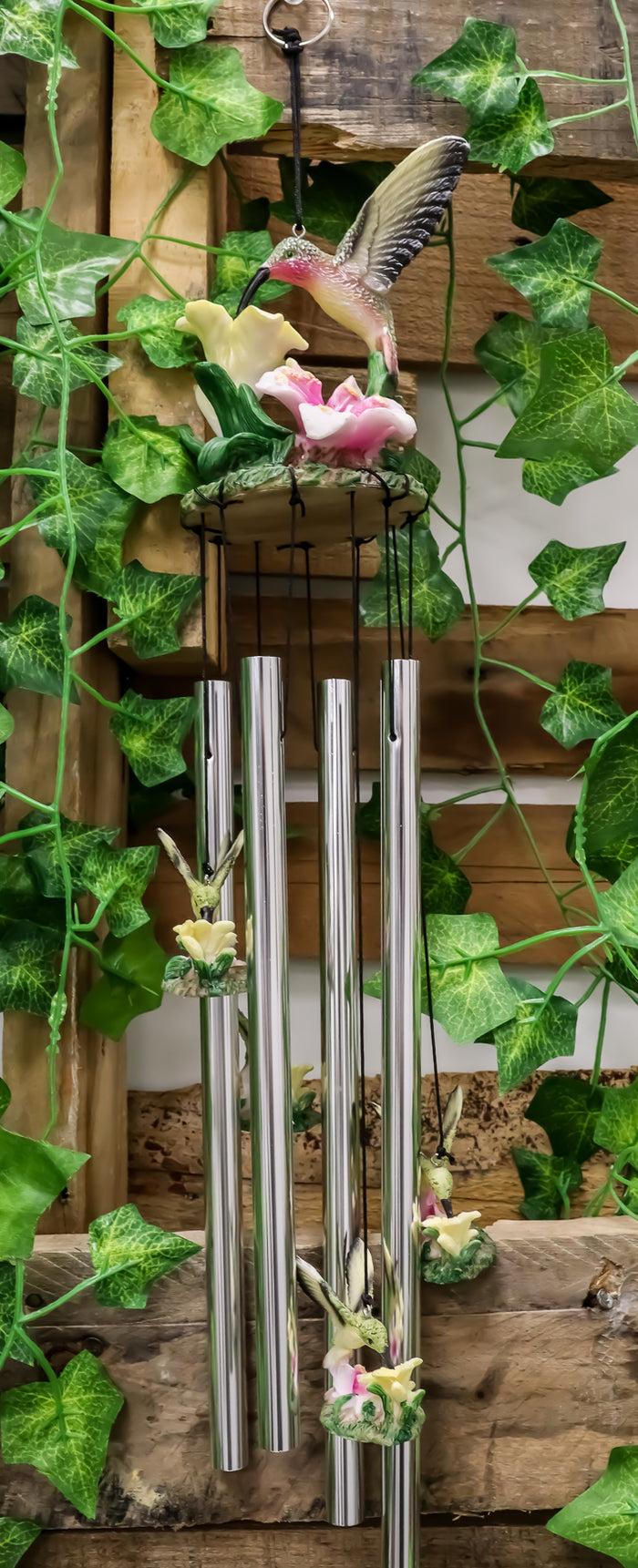 ebros gift Ebros Beautiful Hummingbird with Nectarine Lily Flowers Wind Chime 21" Long Resin Crown with Aluminum Rods Wind Chime Home Patio Garden Decor of Hummingbirds Wildlife Nature Scenery Noisemakers