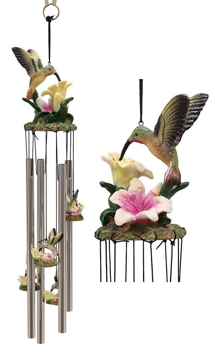 Ebros Gift Ebros Beautiful Hummingbird With Nectarine Lily Flowers Wind Chime 21" Long Resin Crown With Aluminum Rods Wind Chime Home Patio Garden Decor Of Hummingbirds Wildlife Nature Scenery Noisemakers