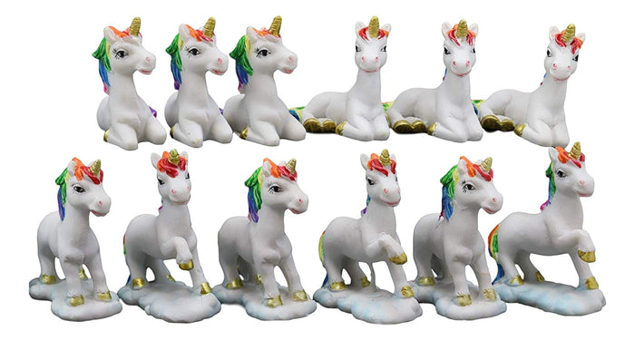 Ebros Gift Ebros Beautiful Magical Rainbow Mane Unicorns 2" High Miniature Figurine Set Of 12 Mare Unicorn Horse With Golden Horns In 4 Different Poses Figurine Collectible Fairy Garden Decor