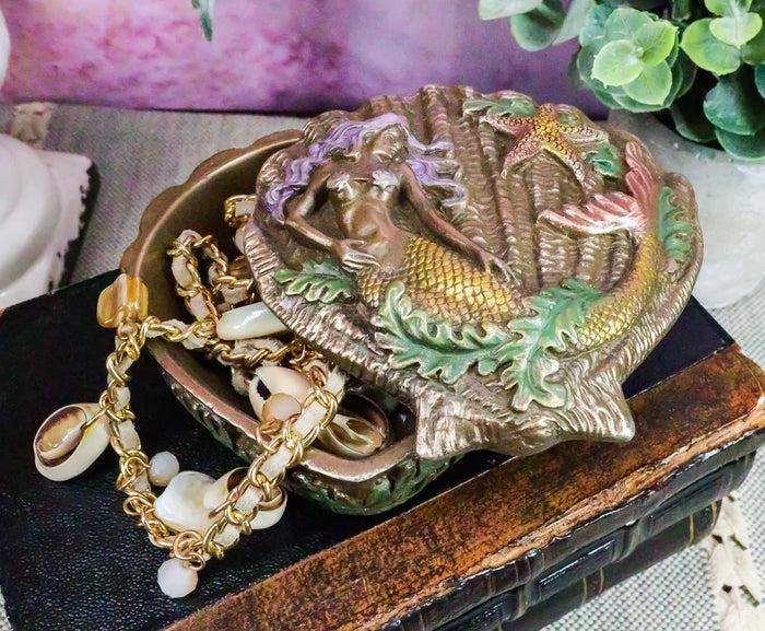 ebros gift Ebros Beautiful Ocean Siren Mermaid With Starfish Oyster Shell Shaped Jewelry Box Figurine Mini Storage Decor Sculpture