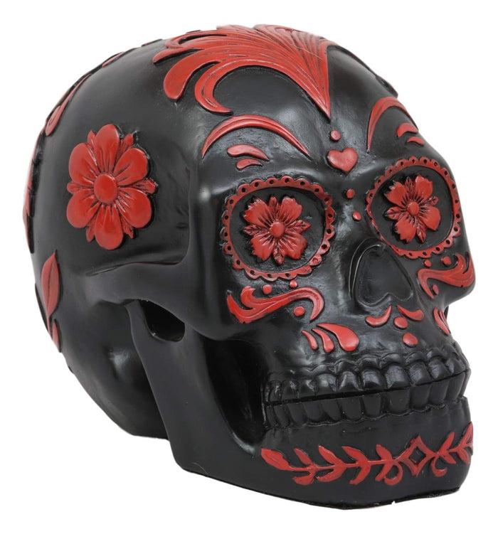 Ebros Gift Ebros Black And Red Day Of The Dead Floral Rose Skull Figurine DOD Roses Rosa Sugar Skulls Statue 7.25" Long