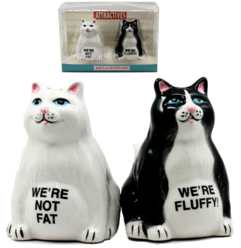 Ebros Gift Ebros Black And White Cute Fluffy Cats Salt & Pepper Shakers Magnetic Set 3.25"H