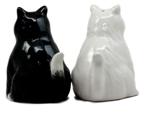 Ebros Gift Ebros Black And White Cute Fluffy Cats Salt & Pepper Shakers Magnetic Set 3.25"H