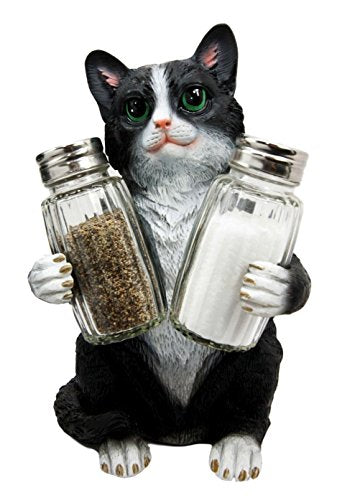 ebros gift Ebros Black and White Furry Feline Kitty Cat Salt Pepper Shakers Holder 8.25" H