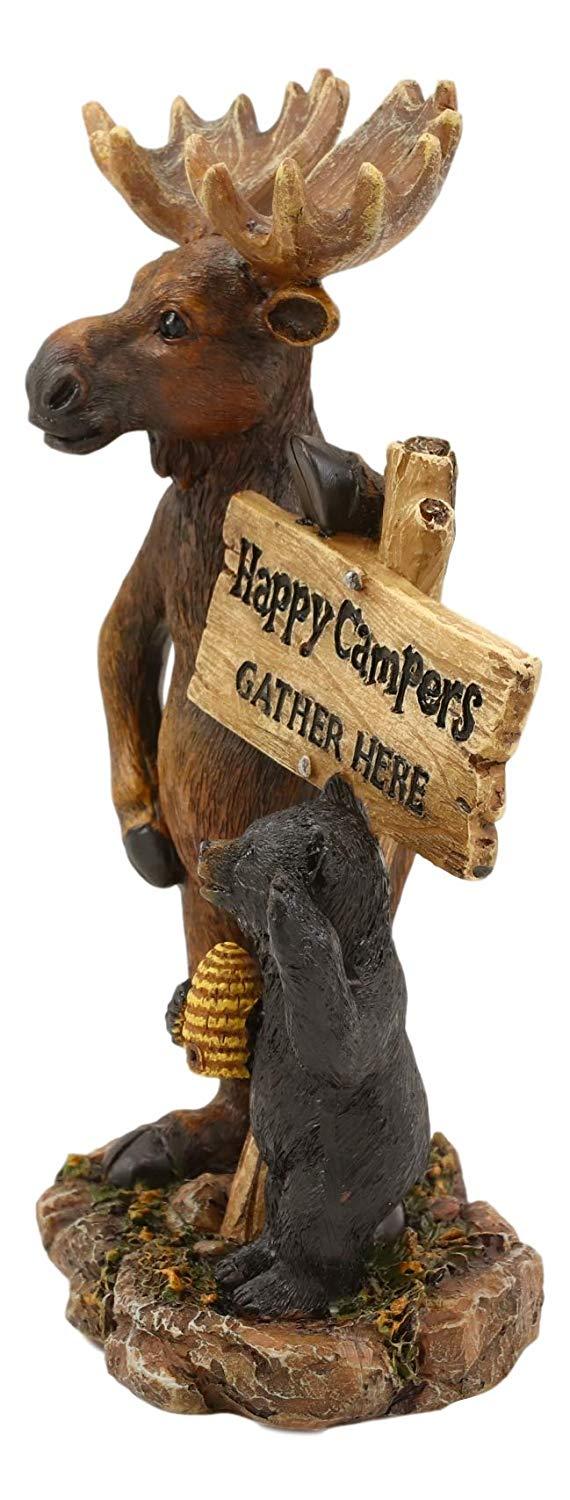 Ebros Gift Ebros Black Bear And Elk Moose Standing By Happy Campers Sign Statue 7.25" H