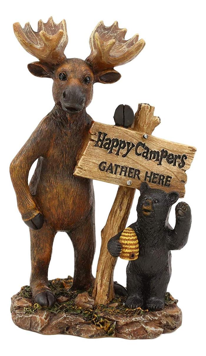 Ebros Gift Ebros Black Bear And Elk Moose Standing By Happy Campers Sign Statue 7.25" H
